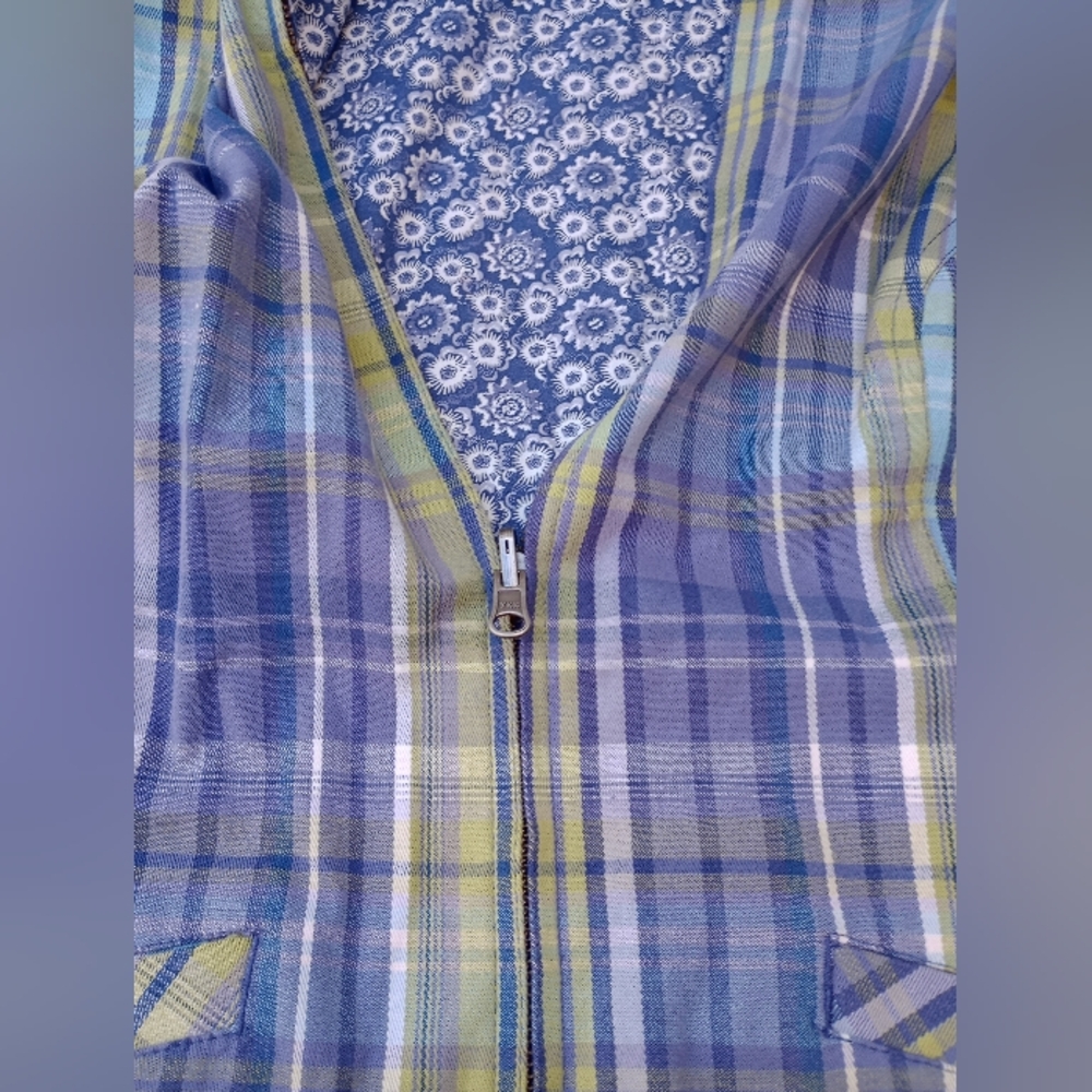 Handmade Reversible Vest Floral Plaid Casual Sporty Hiking Blue Purple Large